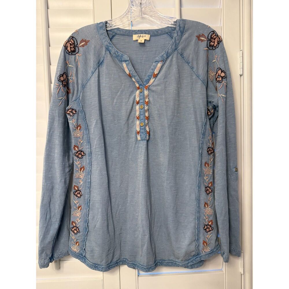 Blue Embroidered Cotton Henley Slub Knit Blouse Top XS